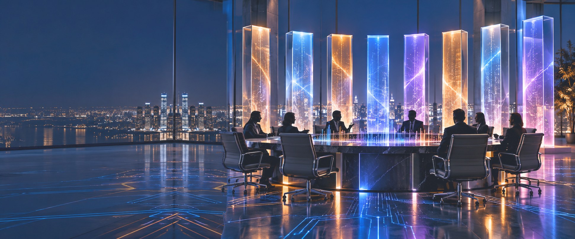AI Governance: Board & Executive Cohort banner AI Governance: Board & Executive Cohort, Founding Session. Board directors and executives meet around a table beneath eight illuminated pillars representing the eight pillars of AI TIPS.